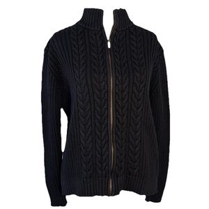 LANDS END Sweater Women M 10-12 Cable Ribbed Full Zip Cardigan Cotton Black